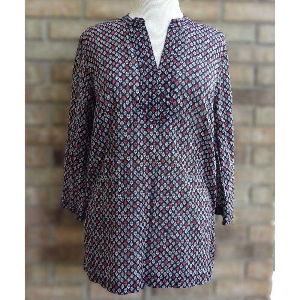 Talbots Navy Blue Geo Print Tunic Blouse - Size Large